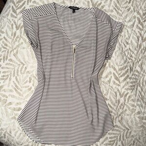 Express Black & White Striped V-Neck Top with Gold Zip